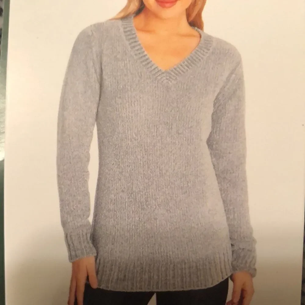 Orvis S Silver Gray Classic Collection Chenille Knit V-Neck Sweater